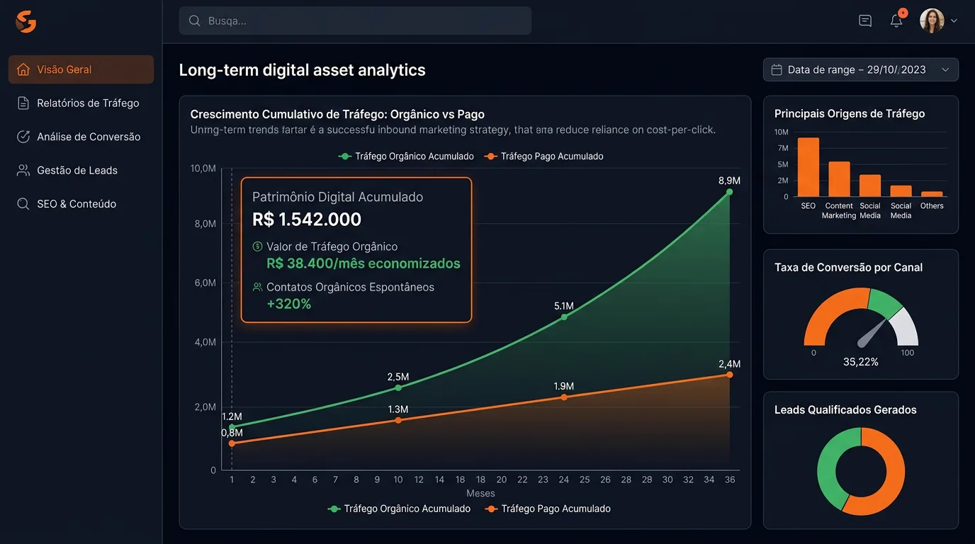 Gráfico financeiro de crescimento orgânico cumulativo e economia de investimento em mídia