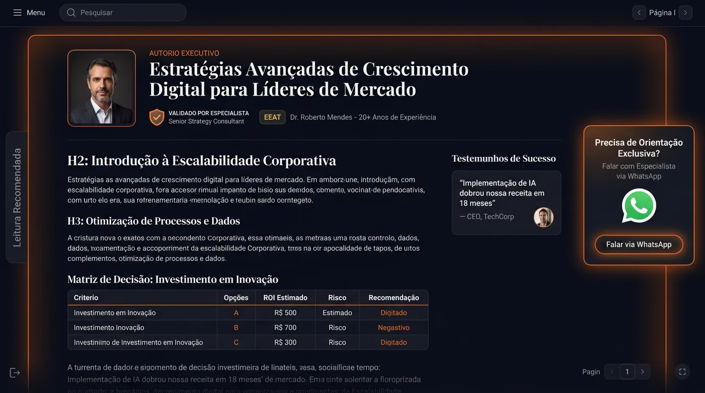 Artigo editorial de alta autoridade com validação de especialista e botão de contato comercial