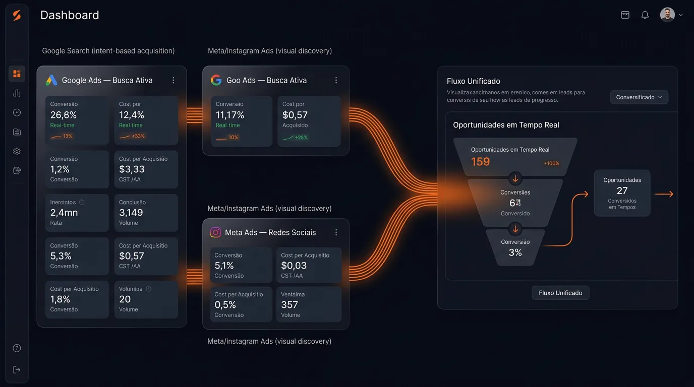 Painel estratégico multicanal integrando Google Ads e Meta Ads em fluxo unificado de atração