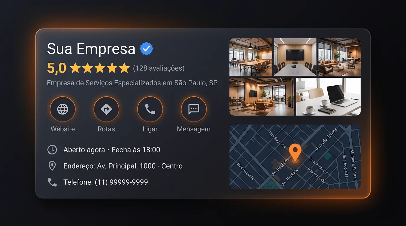 Mockup editorial de perfil local estruturado com mapa abstrato e informações verificadas