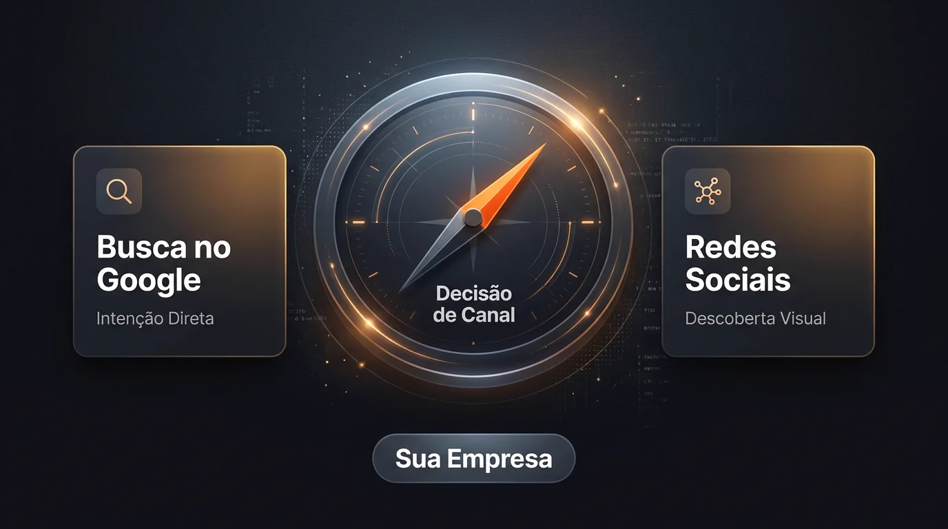 Ilustração conceitual comparando canais de busca ativa e feed social para escolha da porta de entrada