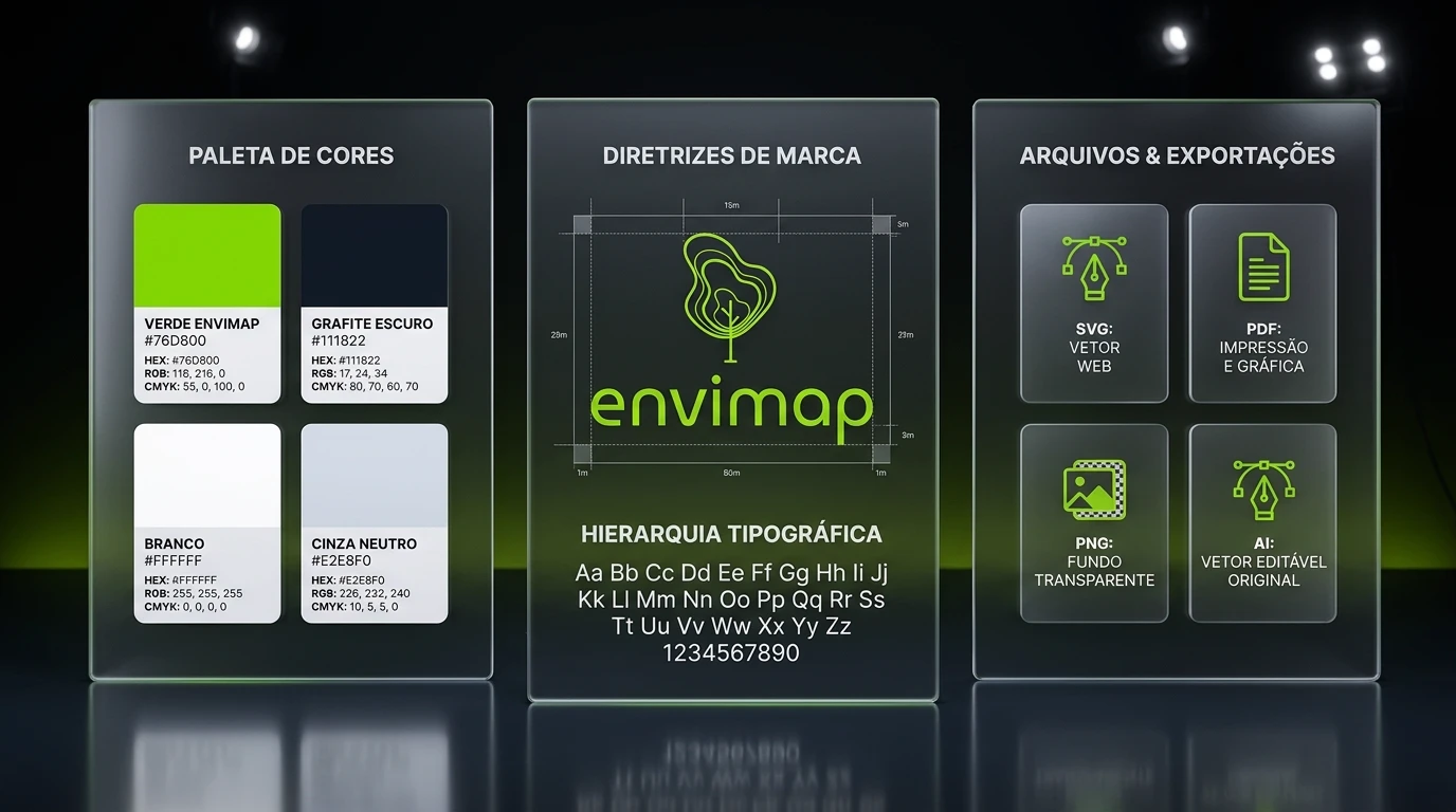 Manual essencial de identidade visual com paleta cromática, área de proteção e matriz de arquivos vetoriais com o logotipo real da envimap