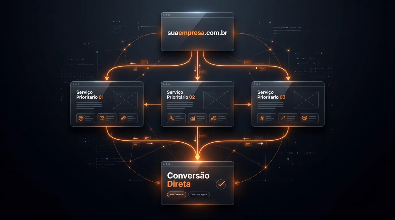 Diagrama da hierarquia de páginas sob o domínio próprio conectando serviços e contato
