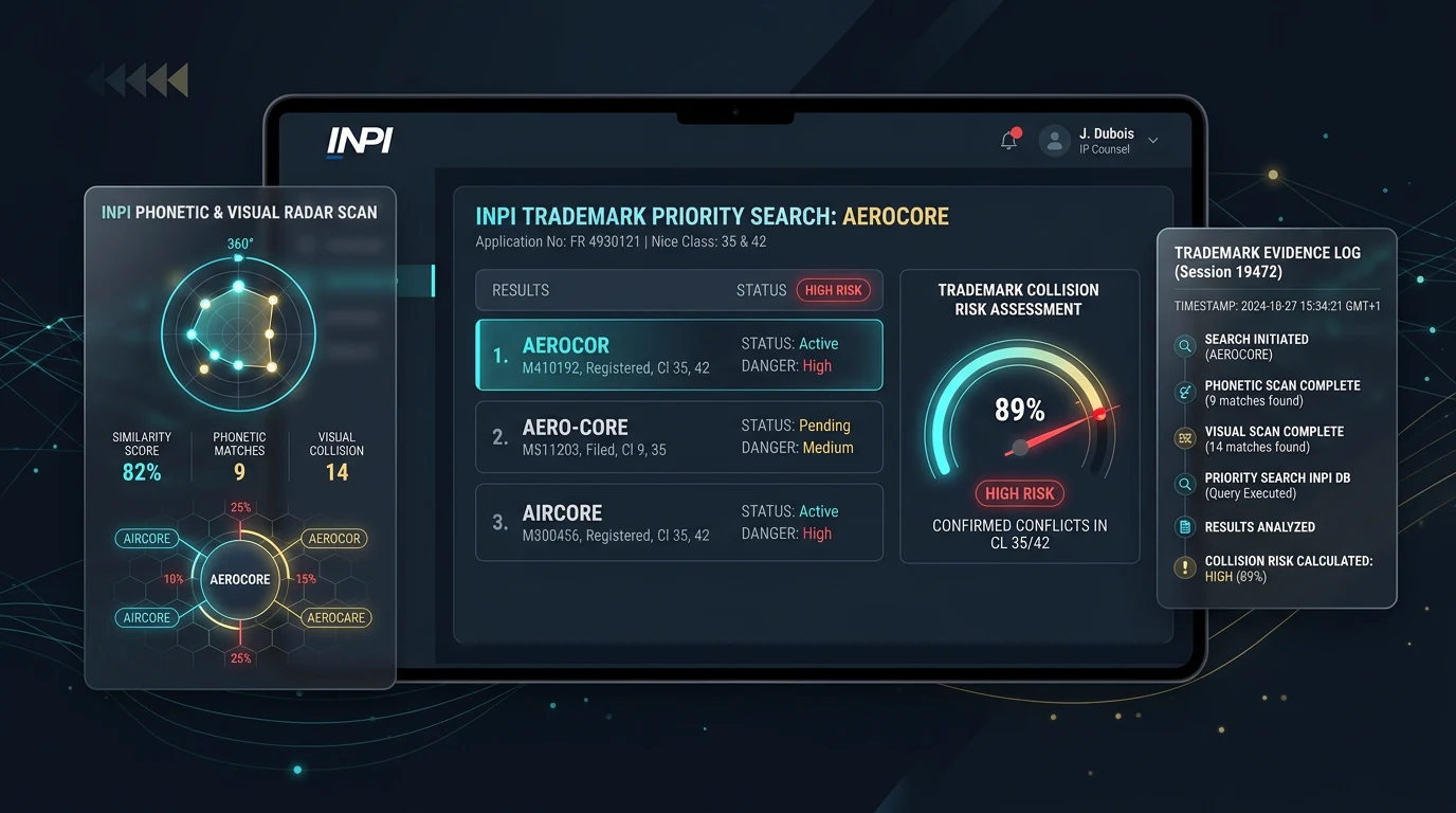 Painel de pesquisa de anterioridade de marcas no INPI com radar de colisão e análise de risco